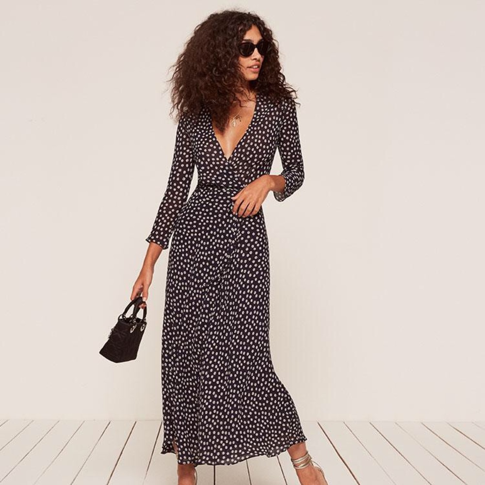 Reformation Black Maxi Wrap Dress with White Dot Print